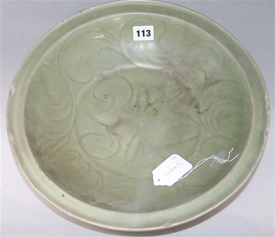 A Chinese Longquan Celadon dish, Ming dynasty, restored